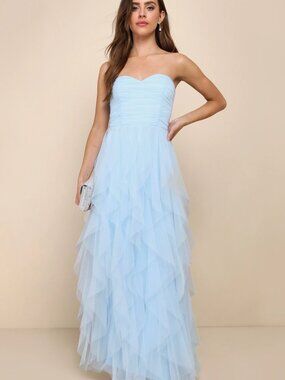 Lulus Delightful Beauty Blue Mesh Strapless Ruched Ruffled Maxi Dress - Small
